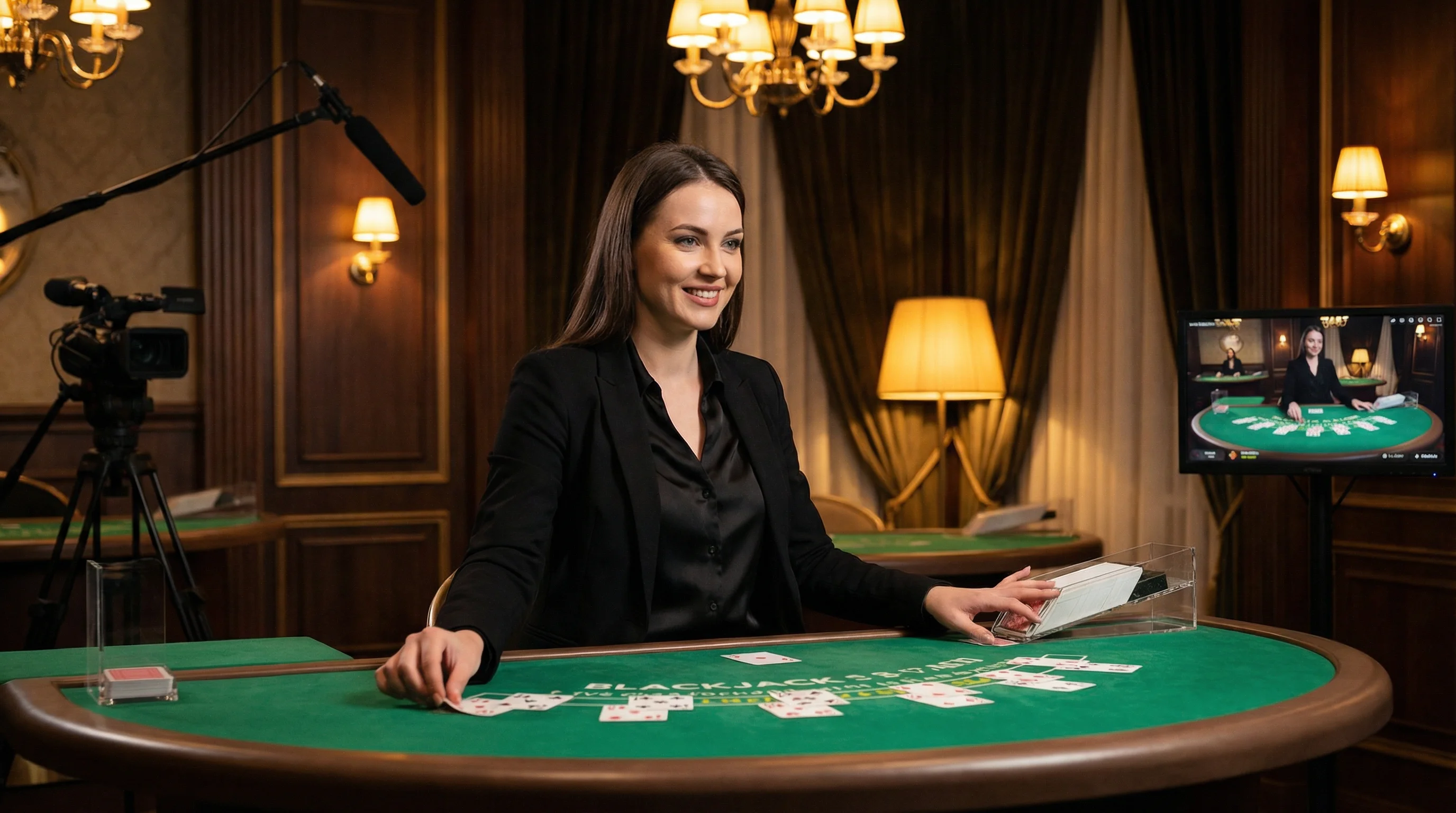 Crupier profesional en mesa de casino en vivo con transmisión